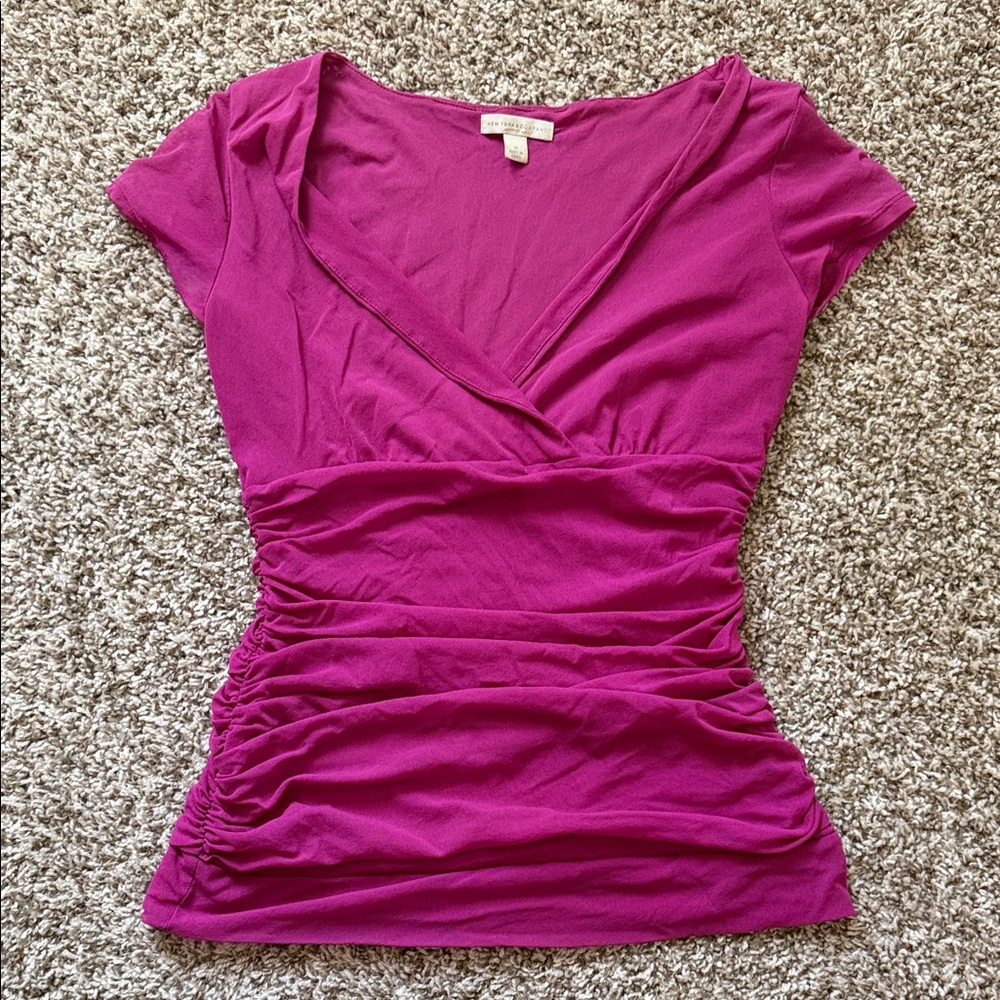 Y2K New York & Company Magenta Ruched Wrap-Front Short Sleeve Top
